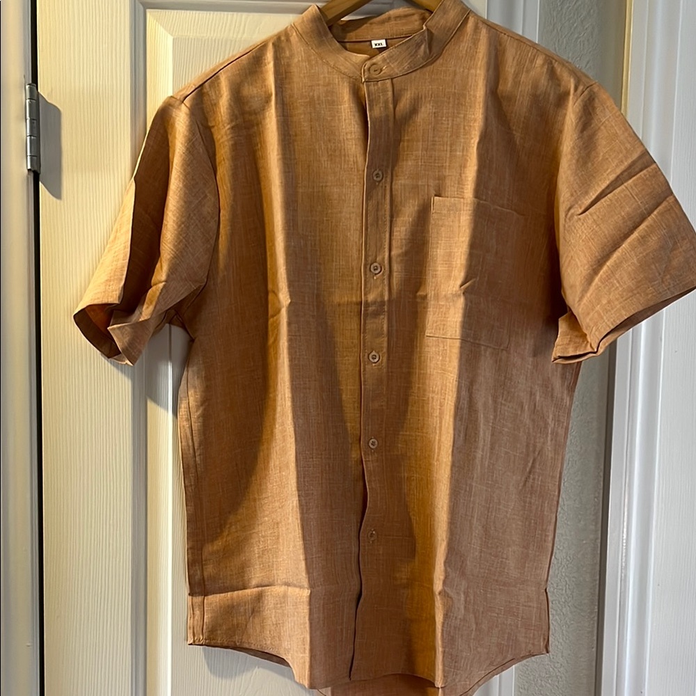 Buddha Stones Short Sleeve Button-Up Shirt in Brown NEW